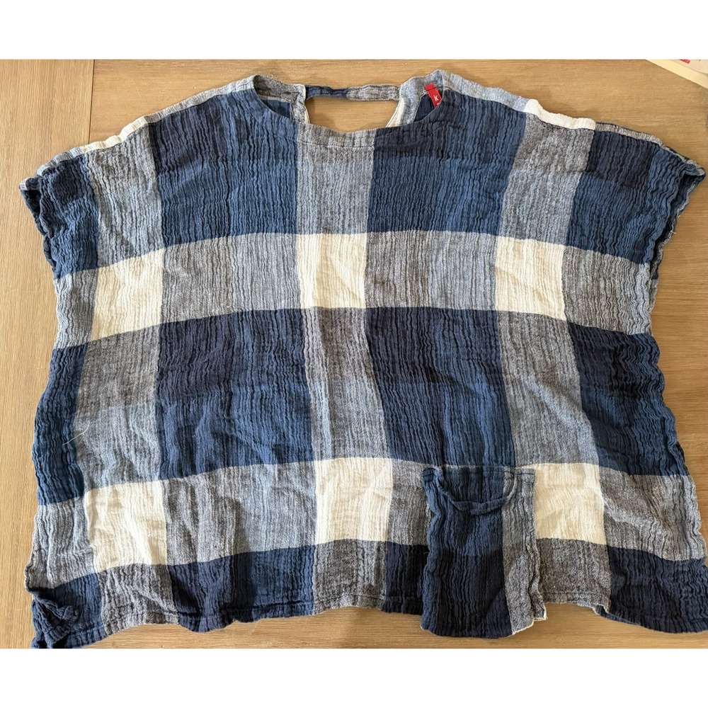 IC by Connie K Linen Blue Plaid Crinkle Lagenlook Tunic Blouse 1 Pocket Sz. M